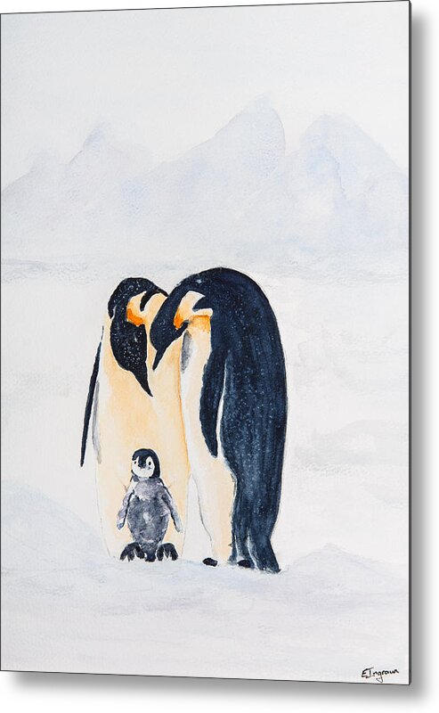Birds Penguins Metal Print featuring the painting Penguin Family by Elvira Ingram