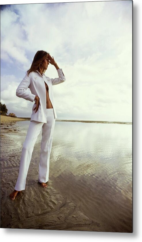 Fashion Metal Print featuring the photograph Pilar Crespi Wearing A White Suit by Arnaud de Rosnay