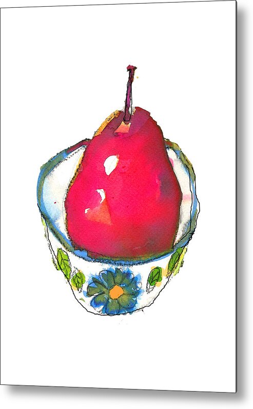 Pear Metal Print featuring the painting Pink Pear in Floral Bowl by Tracy-Ann Marrison