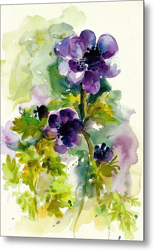 Blue Metal Print featuring the painting Purple Blue Anemones - Flowers Watercolor by Tiberiu Soos