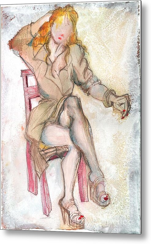 Raincoat Metal Print featuring the painting Raincoat Girl by Carolyn Weltman
