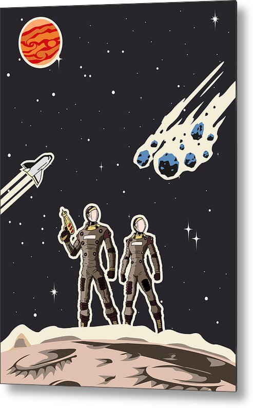 Teamwork Metal Print featuring the drawing Retro Space Astronaut Couple Poster by Yogysic