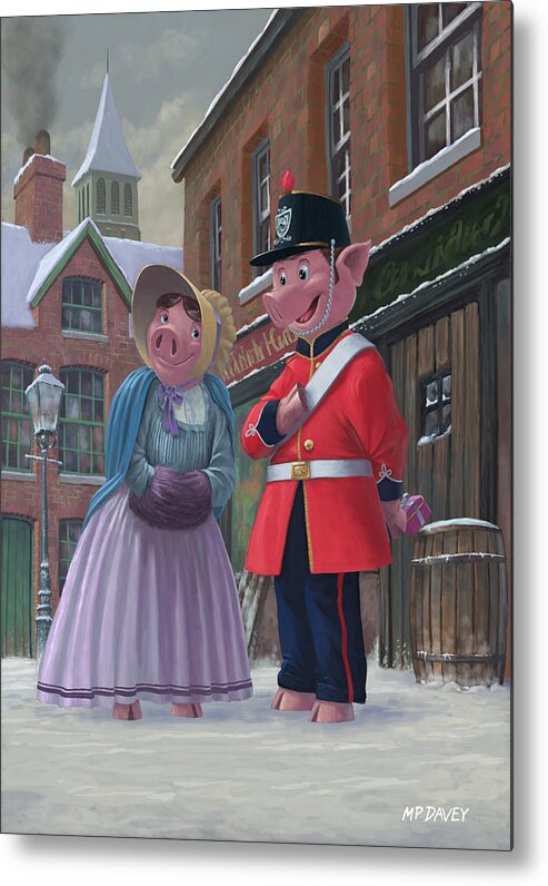 Romance Metal Print featuring the painting Romantic Victorian Pigs In Snowy Street by Martin Davey