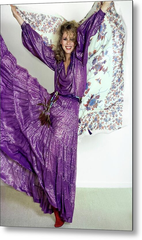 Accessories Metal Print featuring the photograph Rosie Vela Wearing A Purple Ensemble by Arthur Elgort