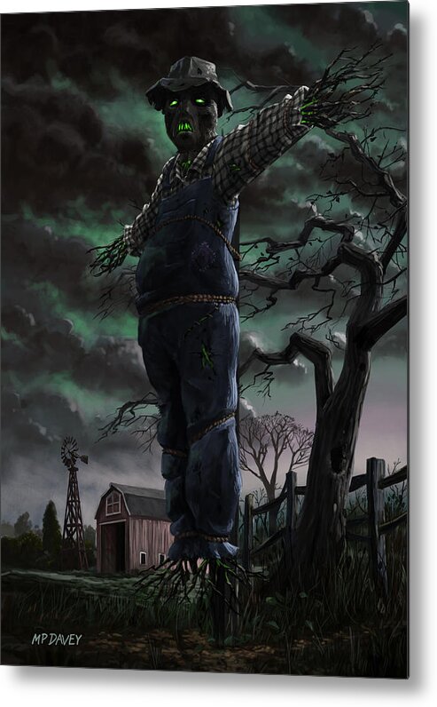 Scarecrow Metal Print featuring the painting Scary Scarecrow in field by Martin Davey