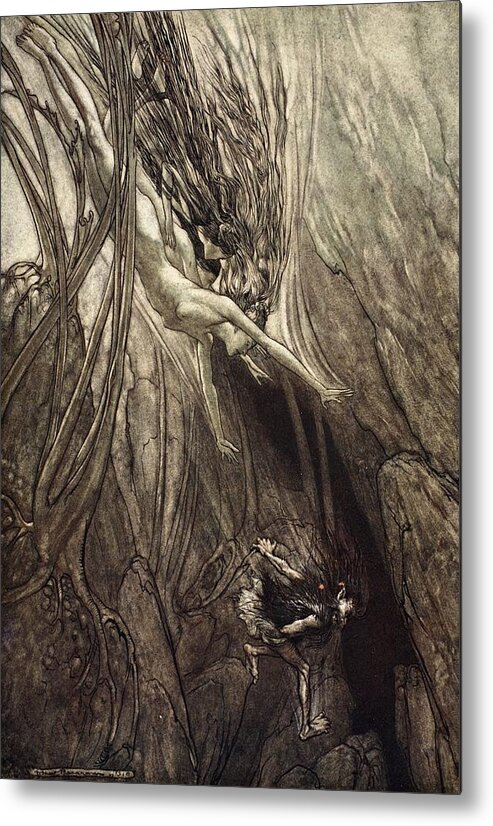 Der Ring Des Nibelungen Metal Print featuring the drawing Seize The Despoiler! Rescue The Gold! by Arthur Rackham