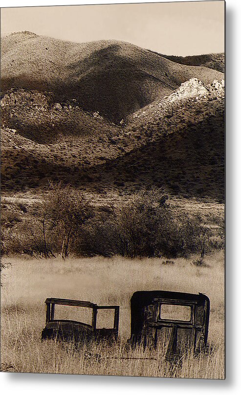 Severed Car Dos Cabezos Mountains Ghost Town Dos Cabezos Arizona 1967 Metal Print featuring the photograph Severed car Dos Cabezos Mountains ghost town Dos Cabezos Arizona 1967 by David Lee Guss