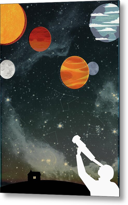 Adult Metal Print featuring the photograph Silhouette Of Man With Telescope by Ikon Ikon Images