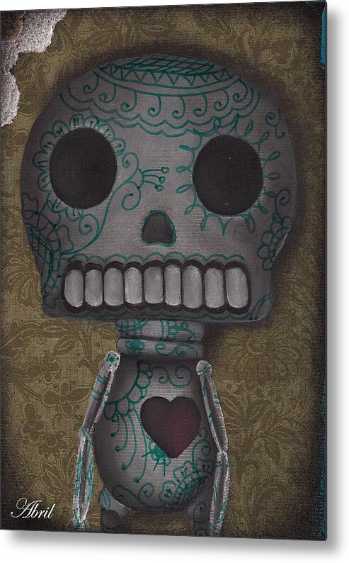 Day Of The Dead Metal Print featuring the painting Skelly with a Heart by Abril Andrade