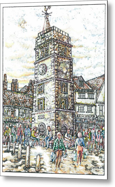 St Albans Metal Print featuring the mixed media St Albans Clock Tower - Busy Market Day by Giovanni Caputo