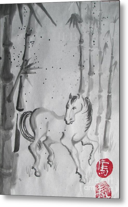 Year Of The Horse Metal Print featuring the painting Sumi-e horse with Bamboo 2 by Lynn Maverick Denzer
