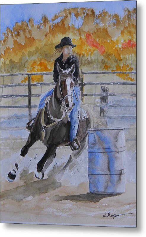 The Barrel Race Metal Print featuring the painting The Barrel Race by Warren Thompson