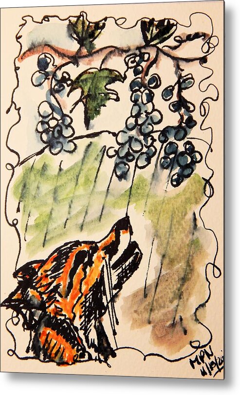 Fox Metal Print featuring the drawing The Fox and the Grapes by Mimulux Patricia No