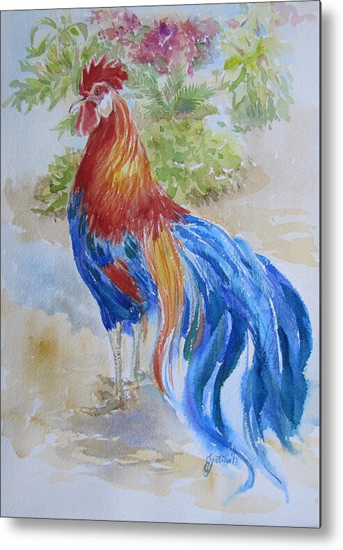 Rooster Metal Print featuring the painting Long Tail Rooster by Jyotika Shroff