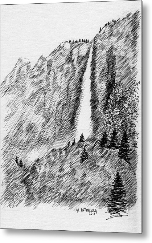 Water Falls Metal Print featuring the drawing upper falls in Yosemite by Al Intindola