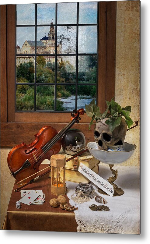 Vanitas Metal Print featuring the photograph Vanitas with Music Instruments and Window by Levin Rodriguez