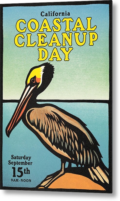 Pelican Metal Print featuring the painting Vintage California Coastal Cleanup Day Pelican Poster by  California Coastal Commission