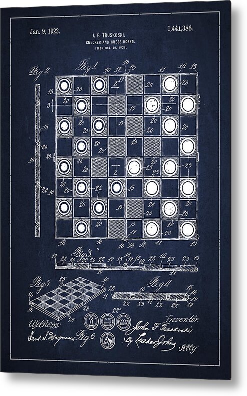 Chess Metal Print featuring the digital art Vintage Checker and Chess Board Drawing from 1921 by Aged Pixel