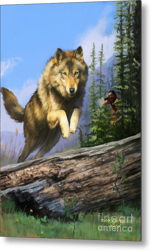 Wolf Metal Print featuring the painting Wolf Run Indian Hunter by Robert Corsetti