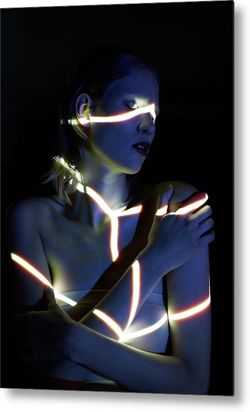 People Metal Print featuring the photograph Young Woman Dimly Lit With Closed Eyes by Mads Perch