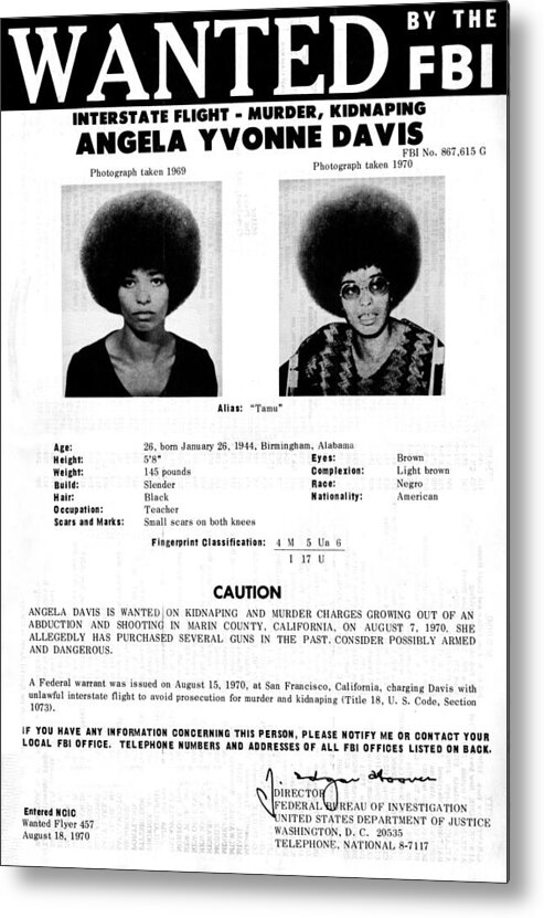 Activist Metal Print featuring the photograph Angela Davis Fbi Wanted Ad, August 8th by Everett
