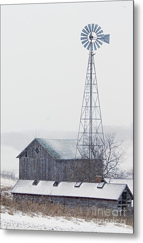 Photography Metal Print featuring the photograph Barn and Windmill in Snow by Larry Ricker