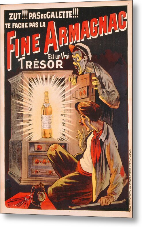 Advert;advertisement;french;publicity;vintage Poster;bottle;alcohol;alcoholic Beverage;drink;spirit;spirits;brand;branding;criminals;burglars;thieves;stealing;safe;treasure;male;surprised;comic;humour;humourous;exclamation;liquor Metal Print featuring the painting Fine Armagnac advertisement by Eugene Oge
