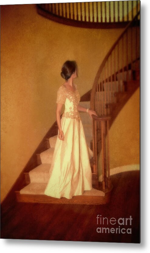 Beautiful Metal Print featuring the photograph Lady in Lace Gown on Staircase by Jill Battaglia