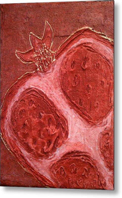 Red Metal Print featuring the painting Red Gold Juicy Thick Textured Cut Pomegranate with Seeds by M Zimmerman