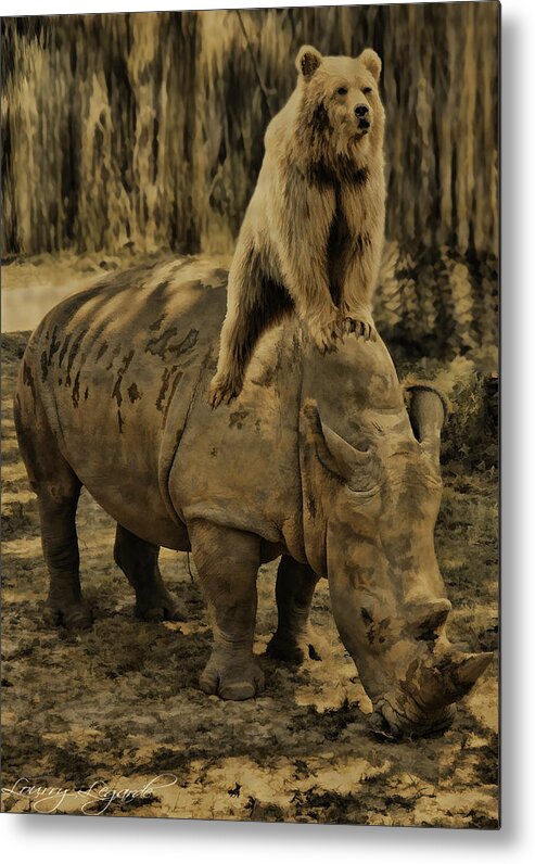 Bear Metal Print featuring the photograph Riding Along- Rhino and Bear by Lourry Legarde