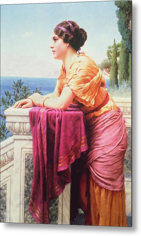 The Belvedere By John William Godward (1861-1922) Neoclassical; Victorian; Gazing; Sea; Dreaming; View; Lean Metal Print featuring the painting The Belvedere by John William Godward