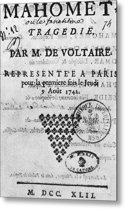1742 Metal Print featuring the photograph Voltaire: Mahomet, 1742 by Granger