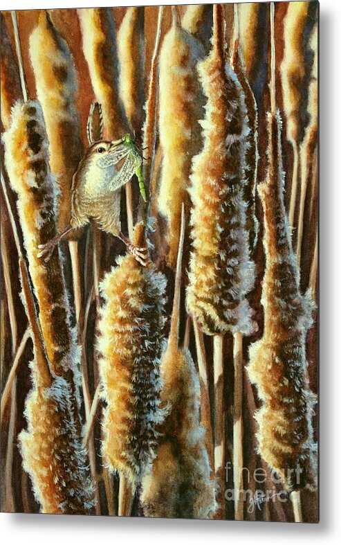 Wren Metal Print featuring the painting Wren and Cattails 2 by Greg and Linda Halom