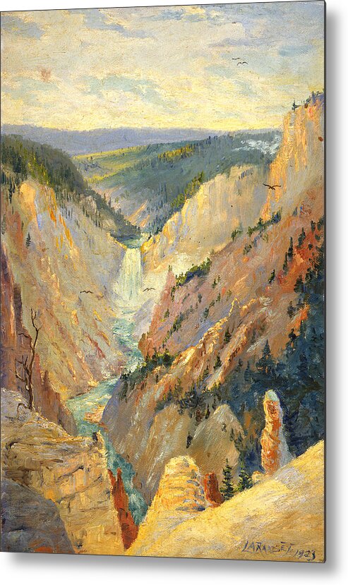 National Parks Metal Print featuring the painting Yellowstone Falls and Hoodoos by Lewis A Ramsey