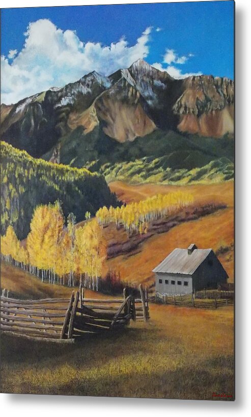 Colorado Rockies Metal Print featuring the painting I Will Lift Up My Eyes to the Hills Autumn Nostalgia Wilson Peak Colorado by Anastasia Savage Ealy