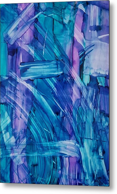Alcohol Ink Abstract On Yupo Metal Print featuring the painting Blues #1 by Donna Perry