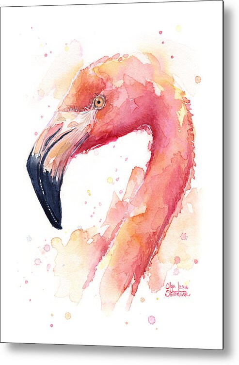 Flamingo Metal Print featuring the painting Flamingo Watercolor #1 by Olga Shvartsur