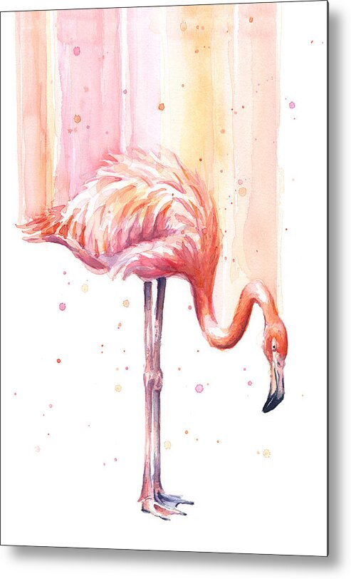 Pink Metal Print featuring the painting Pink Flamingo - Facing Right #2 by Olga Shvartsur