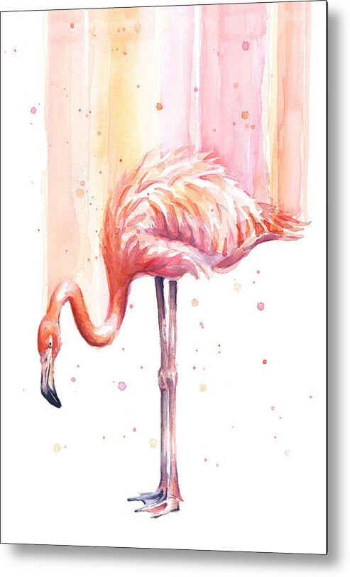 Flamingo Metal Print featuring the painting Pink Flamingo Watercolor Rain #1 by Olga Shvartsur