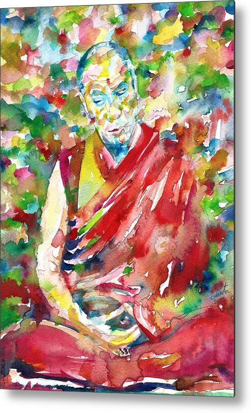 Dalai Lama Metal Print featuring the painting 14th DALAI LAMA - TENZIN GYATSO - watercolor portrait.3 by Fabrizio Cassetta