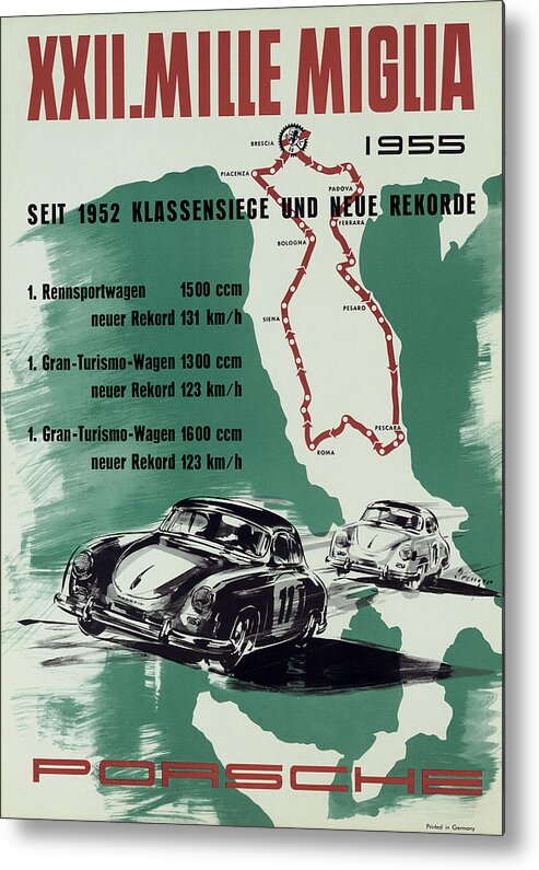 1955 Xxii Mille Miglia Metal Print featuring the photograph 1955 Mille Miglia Porsche Poster by Georgia Fowler