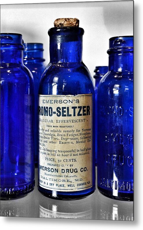 Bromo Seltzer Vintage Glass Bottles Metal Print featuring the photograph Bromo Seltzer Vintage Glass Bottles Collection by Marianna Mills