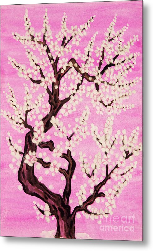 Tree Metal Print featuring the painting White tree in blossom, painting #6 by Irina Afonskaya
