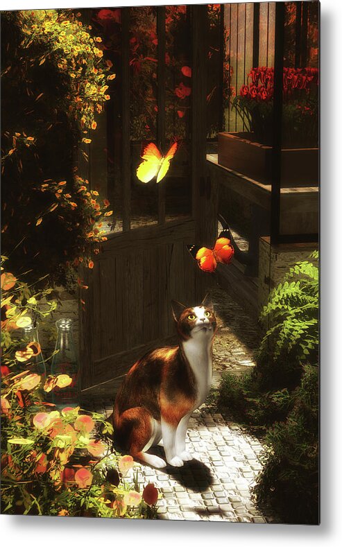 Afternoon Metal Print featuring the painting A romantic Cat loves butterflies by Jan Keteleer