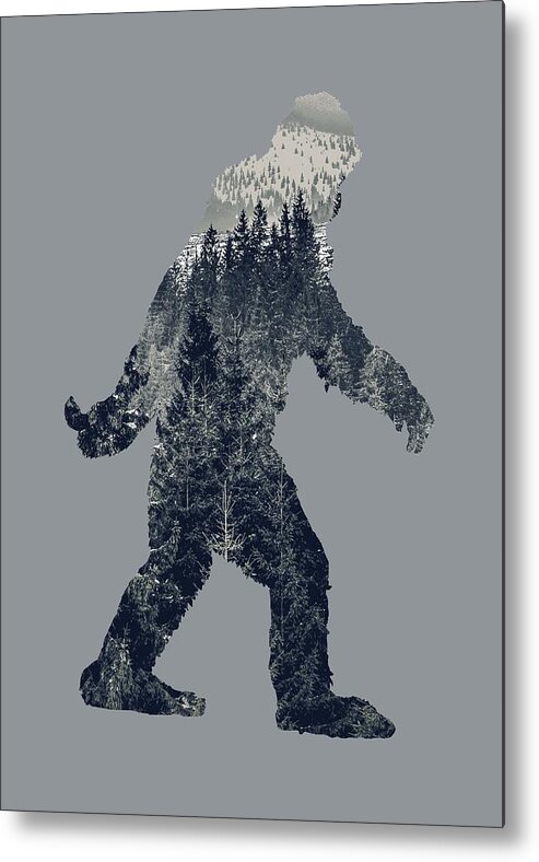 Sasquatch Metal Print featuring the digital art A Sasquatch Bigfoot Silhouette Hiking The Tundra Deep Forest by Garaga Designs