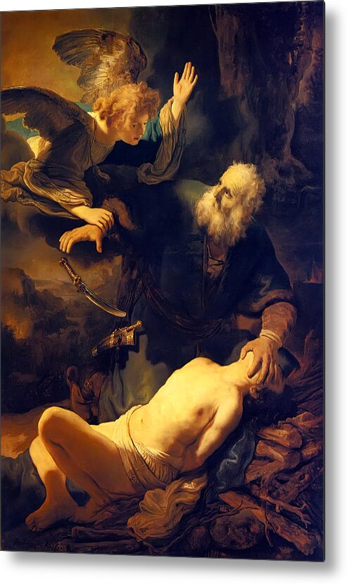 Rembrandt Van Rijn Metal Print featuring the painting Abraham And Isaac by Troy Caperton