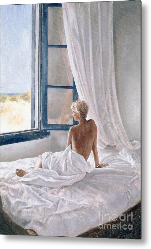 Bed; Sheets; Bedsheets; Window; Female; Nude; Bedroom; Nude Metal Print featuring the painting Afternoon View by John Worthington