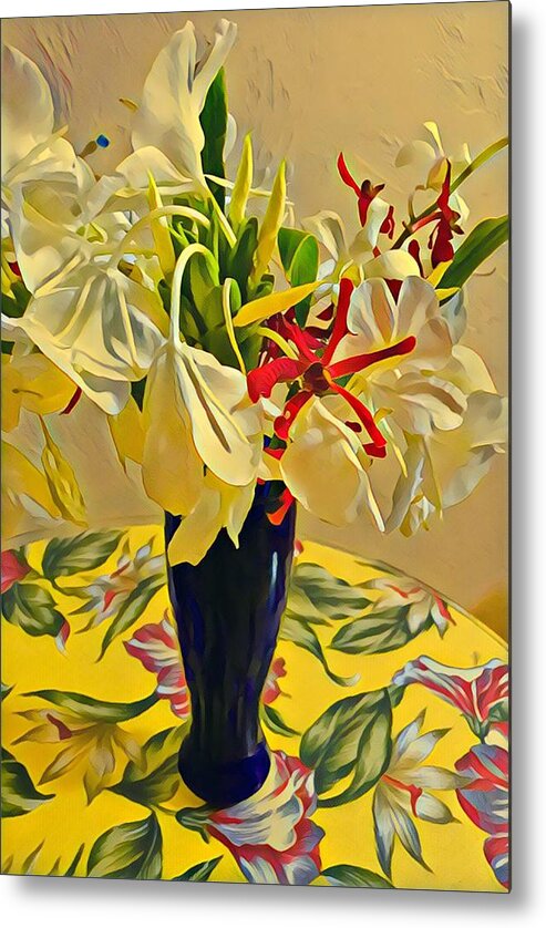 #alohabouquetoftheday #whiteginger #flowersofaloha #newhue Metal Print featuring the photograph Aloha Bouquet of the Day - White Gingert with Red Orchids - a New Hue by Joalene Young