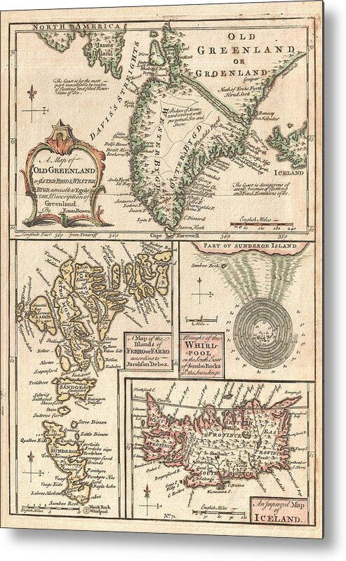 Antique Map Of North Atlantic Islands Metal Print featuring the drawing Antique Maps - Old Cartographic maps - Antique Map of the North Atlantic Islands, Greenland, 1747 by Studio Grafiikka