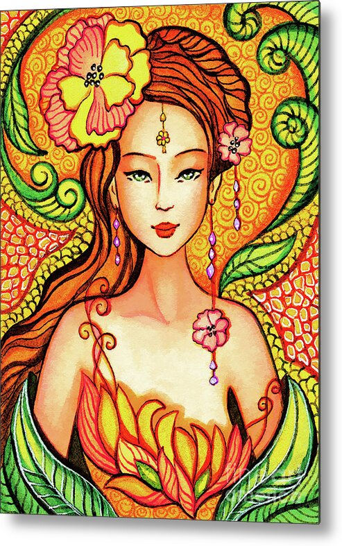 Asian Woman Metal Print featuring the painting Asian Flower Mermaid by Eva Campbell